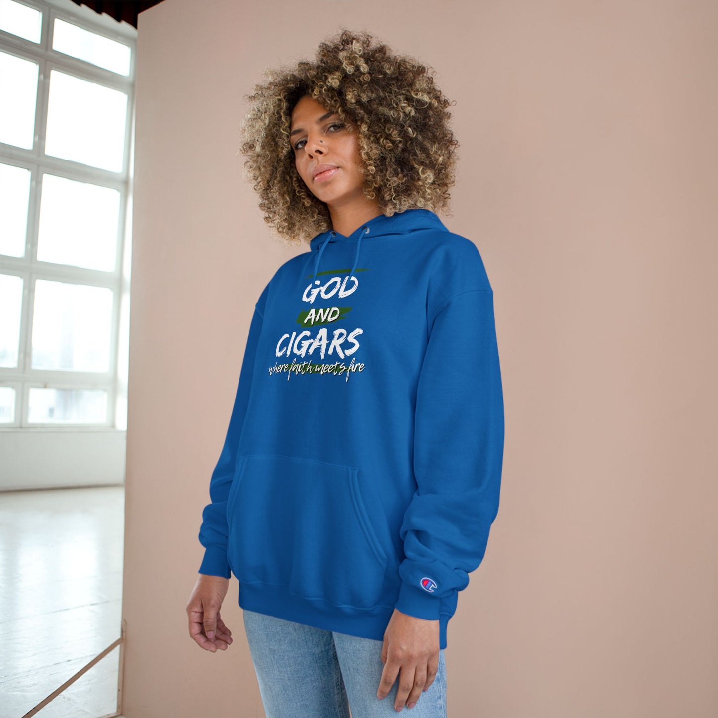 Champion Hoodie - God & Cigars Faith Meets Fire (Green)