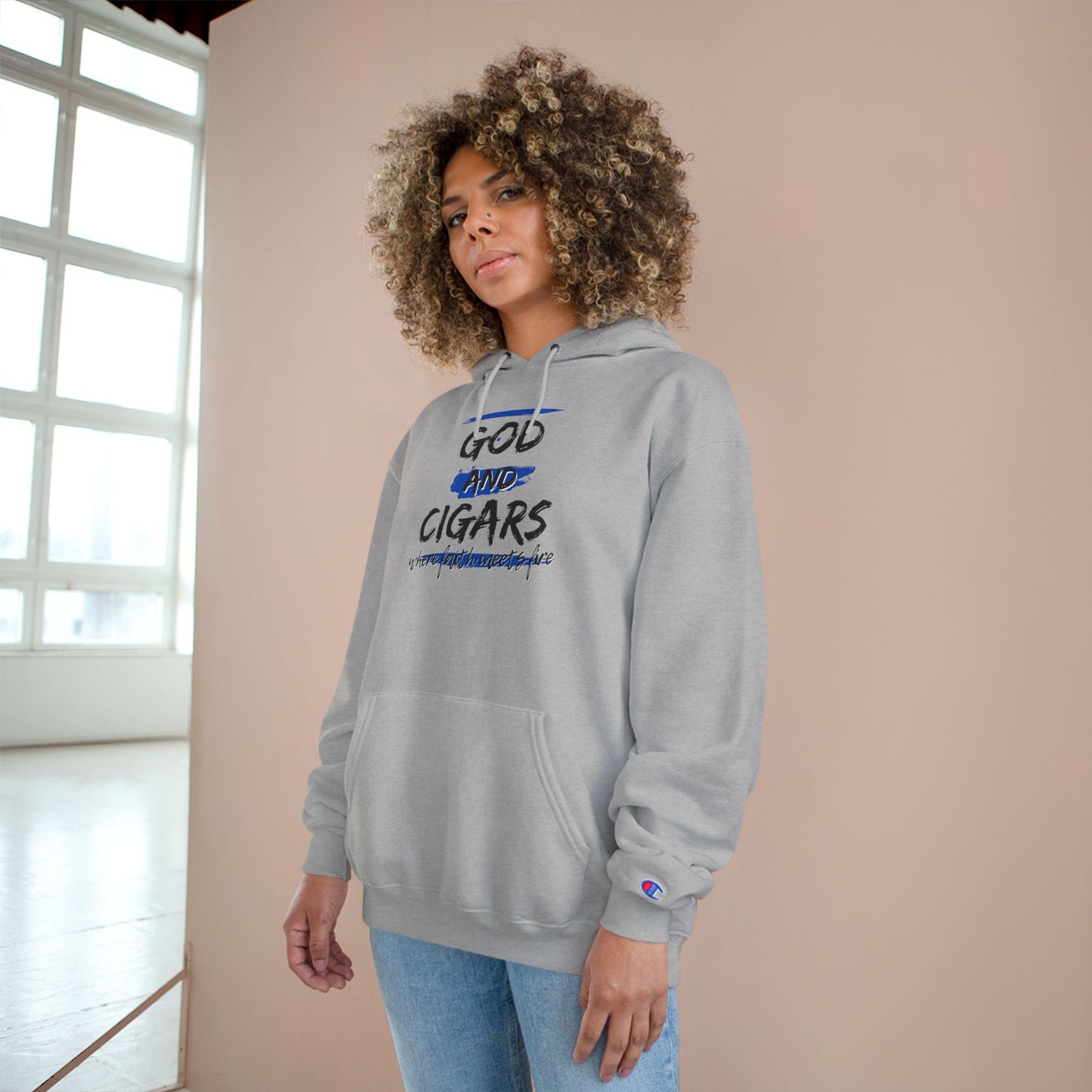 Champion Hoodie - God & Cigars Faith Meets Fire (Blue)