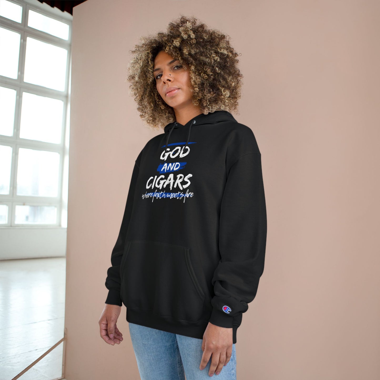 Champion Hoodie - God & Cigars Faith Meets Fire (Blue)