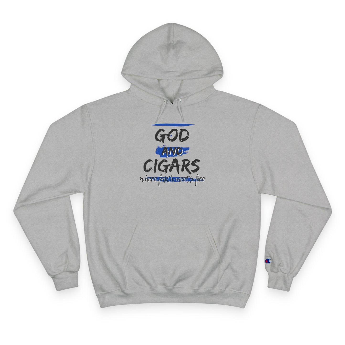 Champion Hoodie - God & Cigars Faith Meets Fire (Blue)