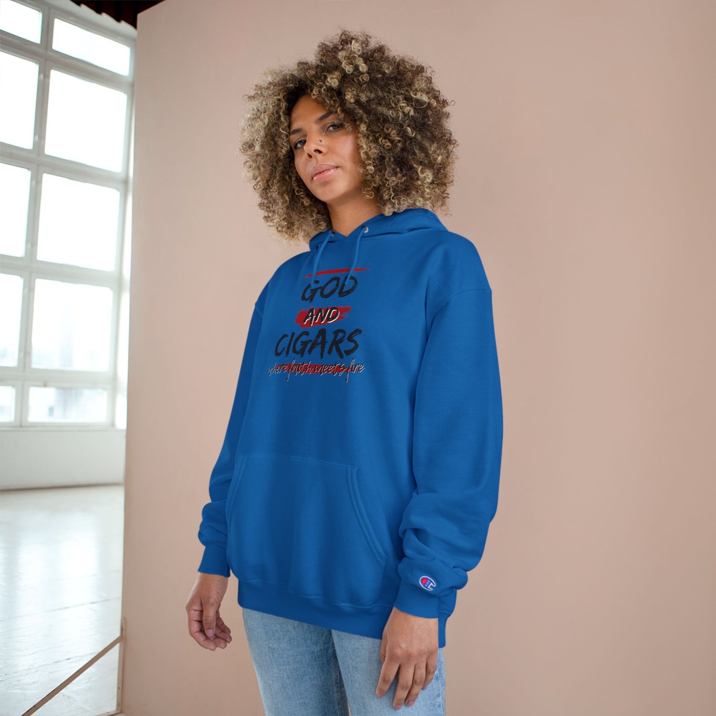 Champion Hoodie - God & Cigars Faith Meets Fire (Red)