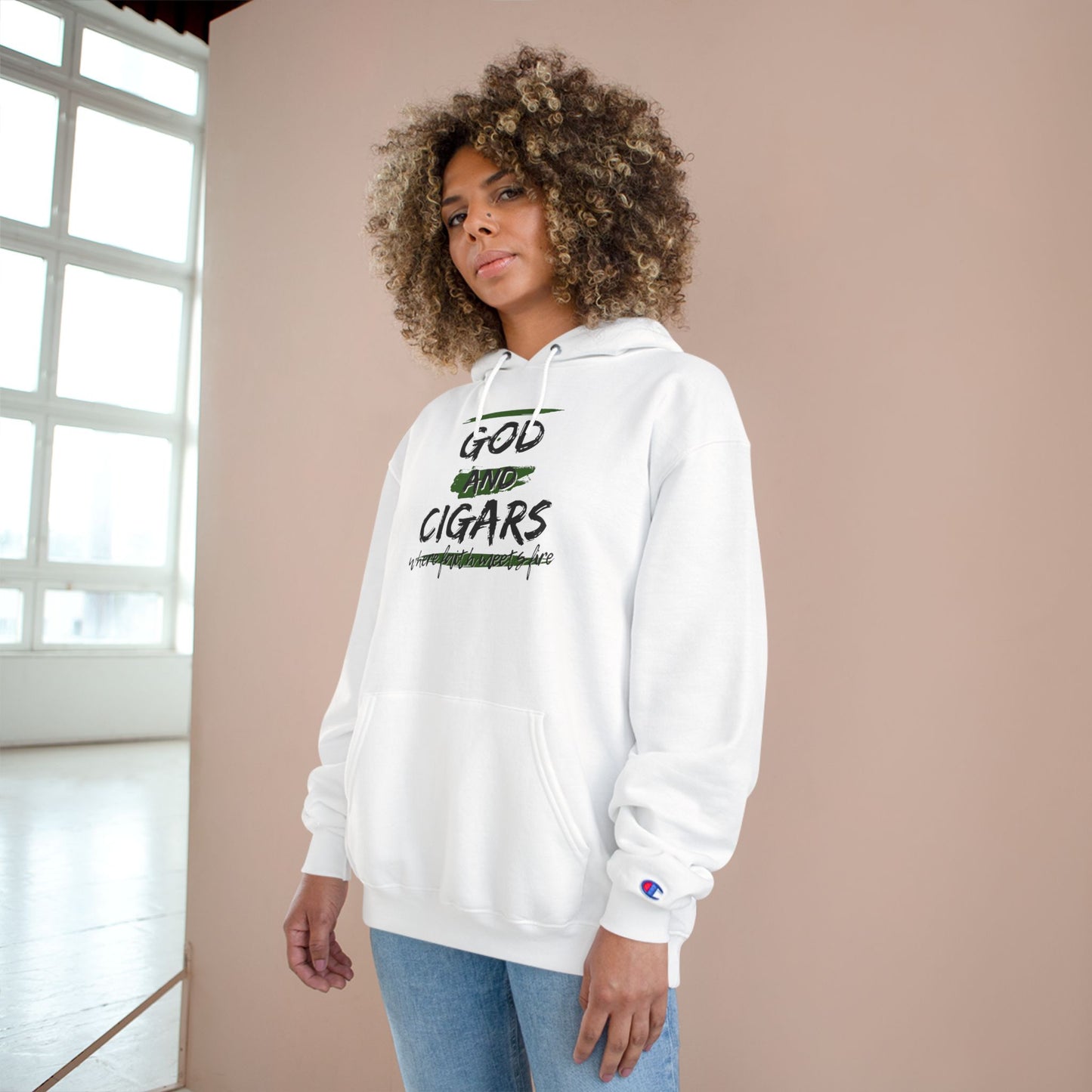 Champion Hoodie - God & Cigars Faith Meets Fire (Green)