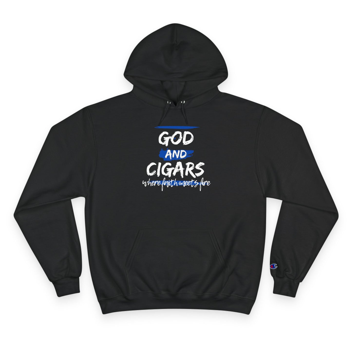 Champion Hoodie - God & Cigars Faith Meets Fire (Blue)