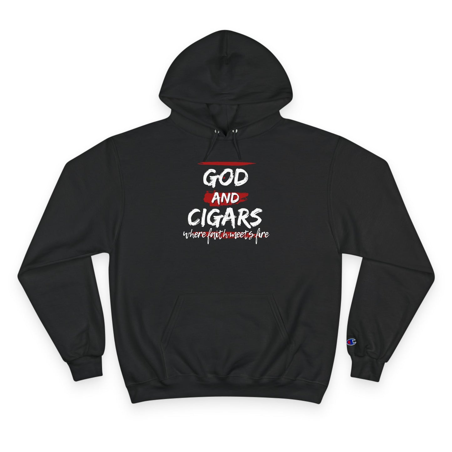 Champion Hoodie - God & Cigars Faith Meets Fire (Red)