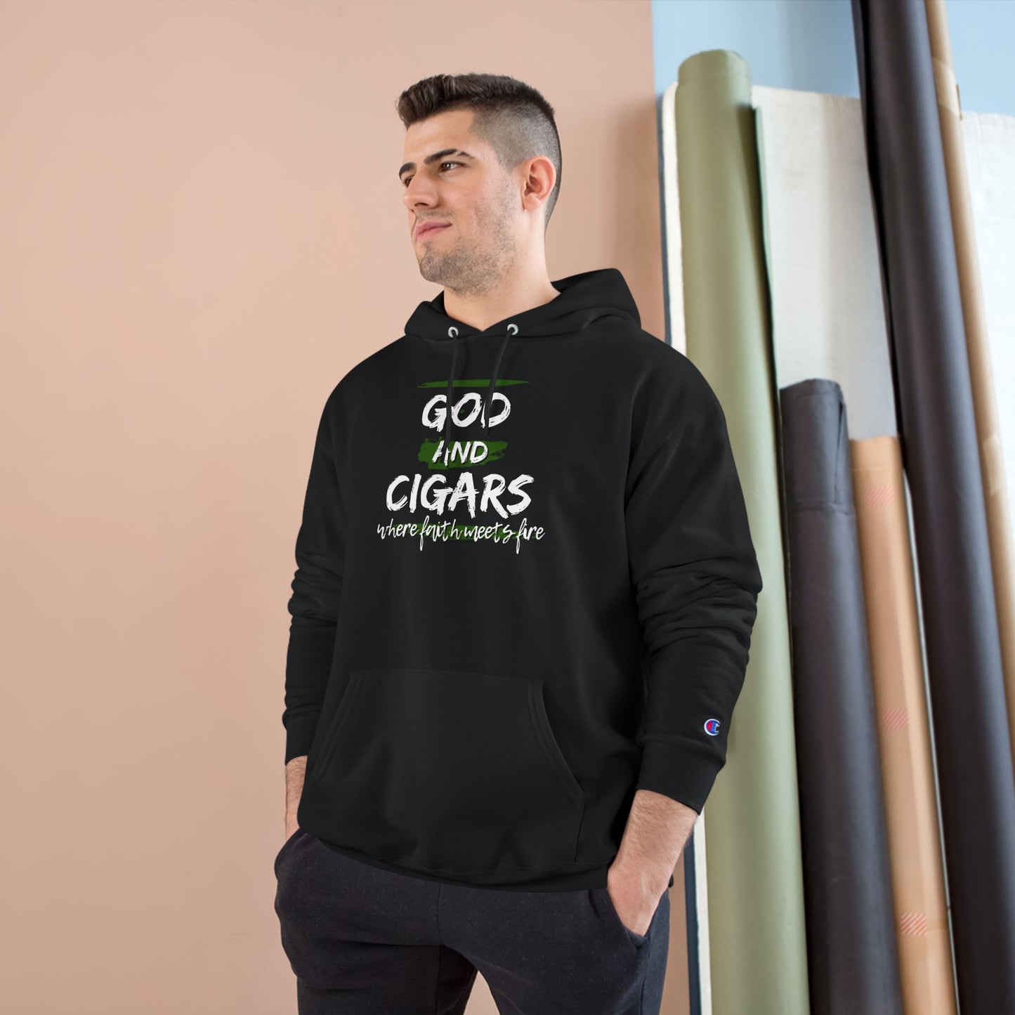 Champion Hoodie - God & Cigars Faith Meets Fire (Green)