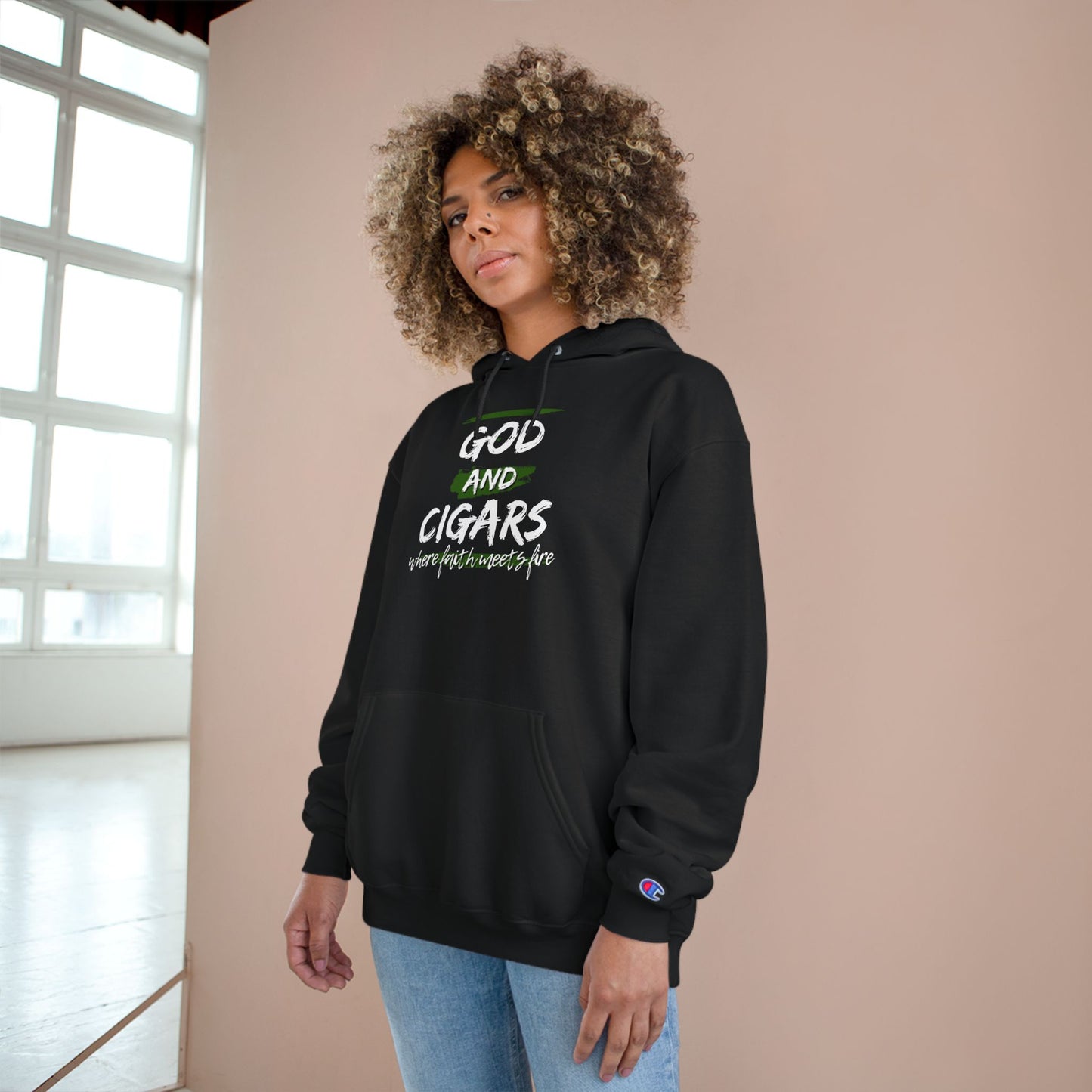 Champion Hoodie - God & Cigars Faith Meets Fire (Green)