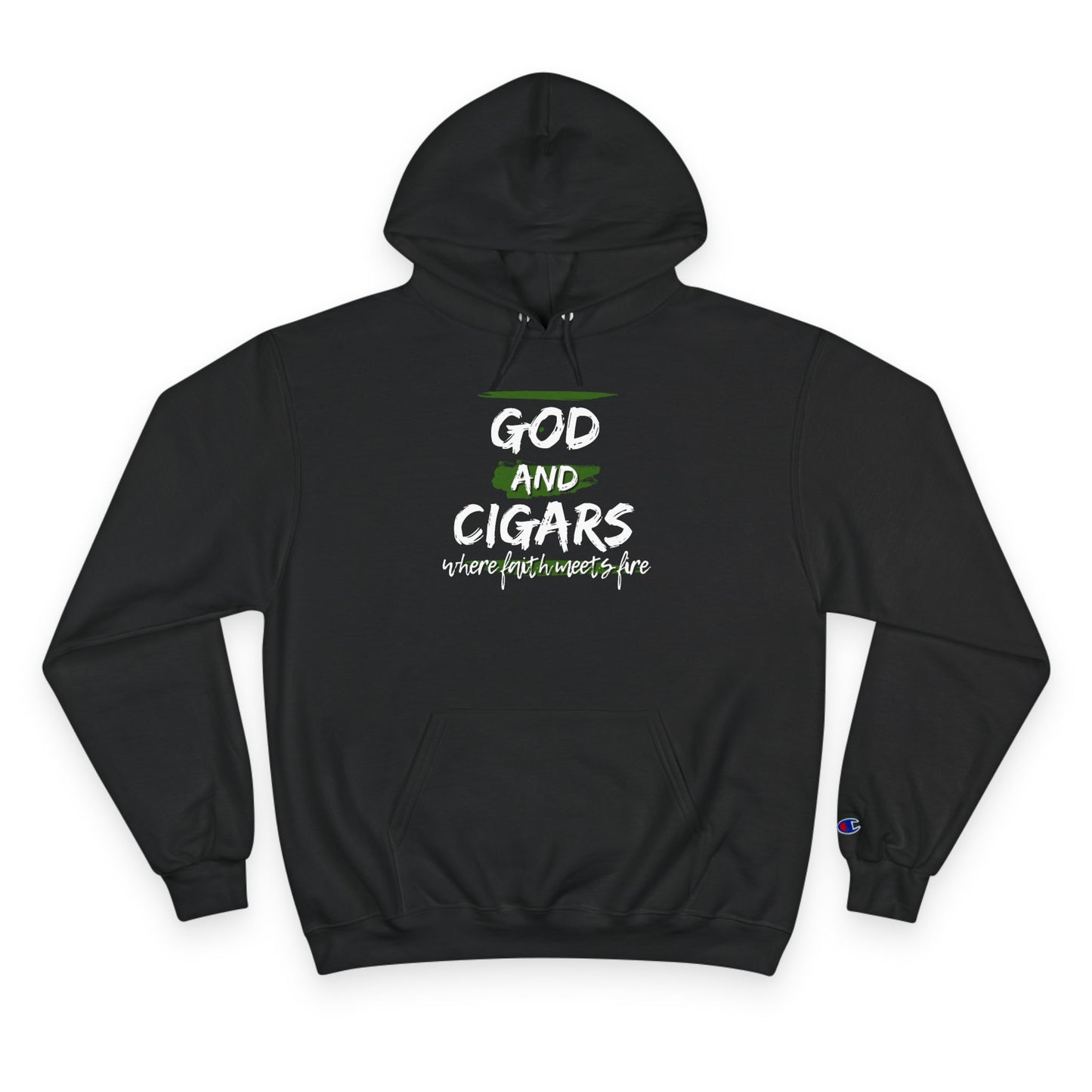 Champion Hoodie - God & Cigars Faith Meets Fire (Green)