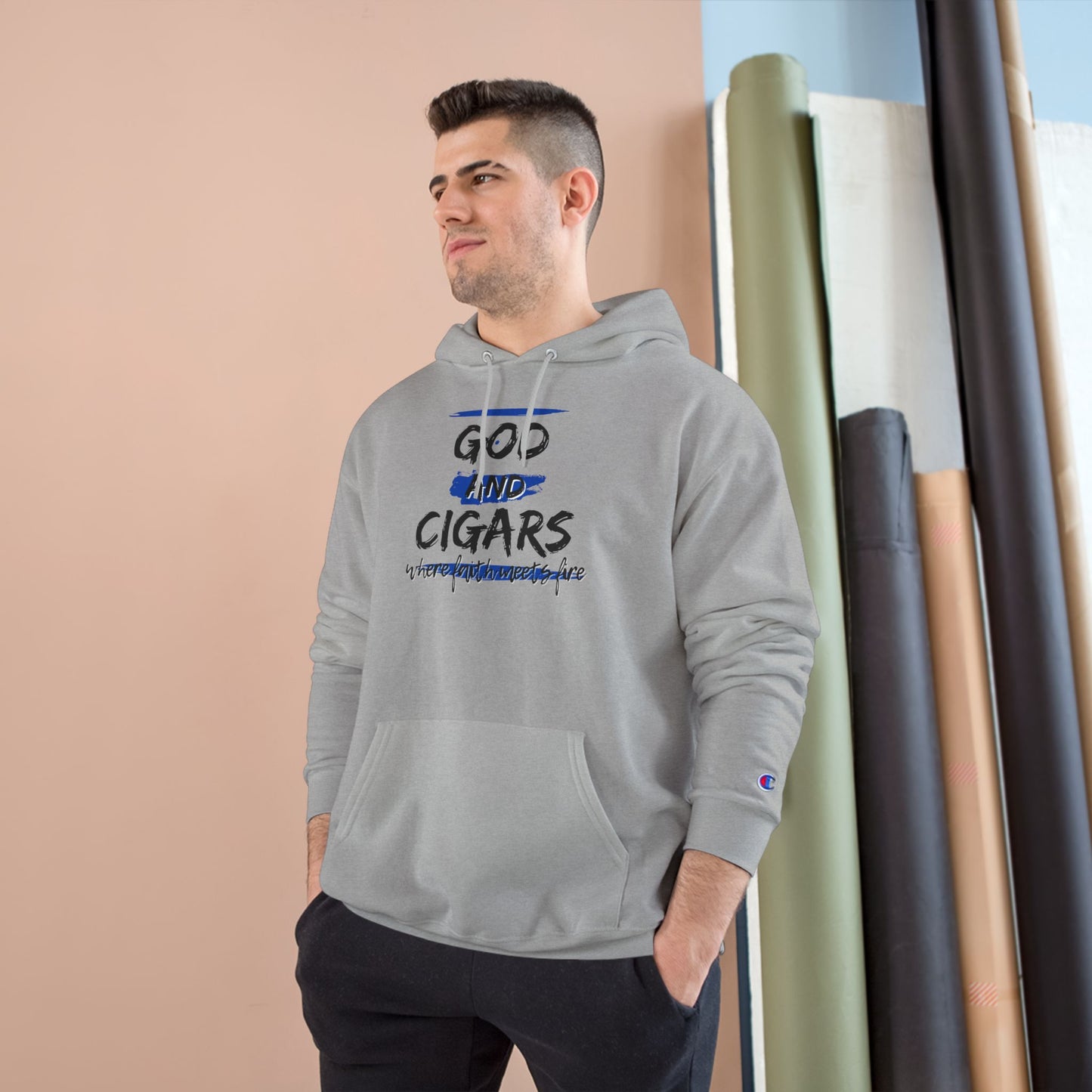 Champion Hoodie - God & Cigars Faith Meets Fire (Blue)