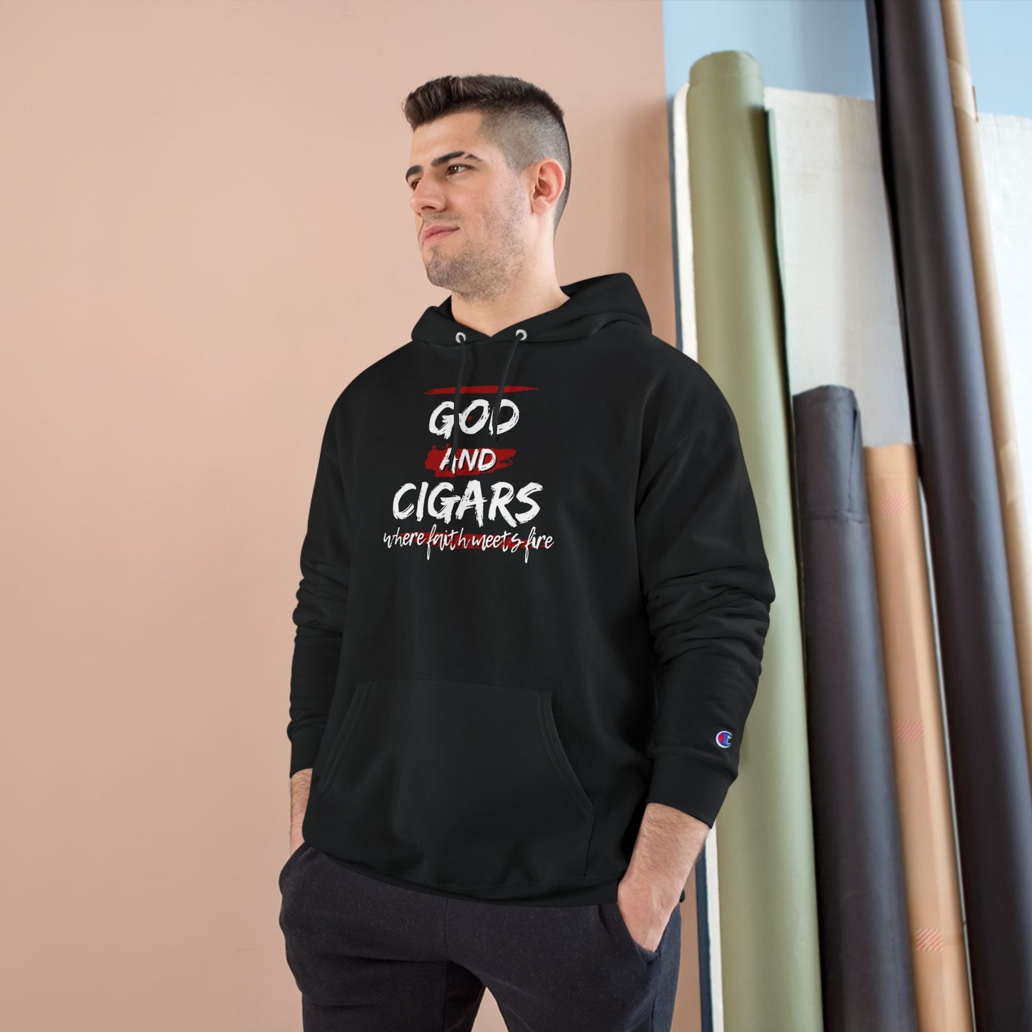 Champion Hoodie - God & Cigars Faith Meets Fire (Red)