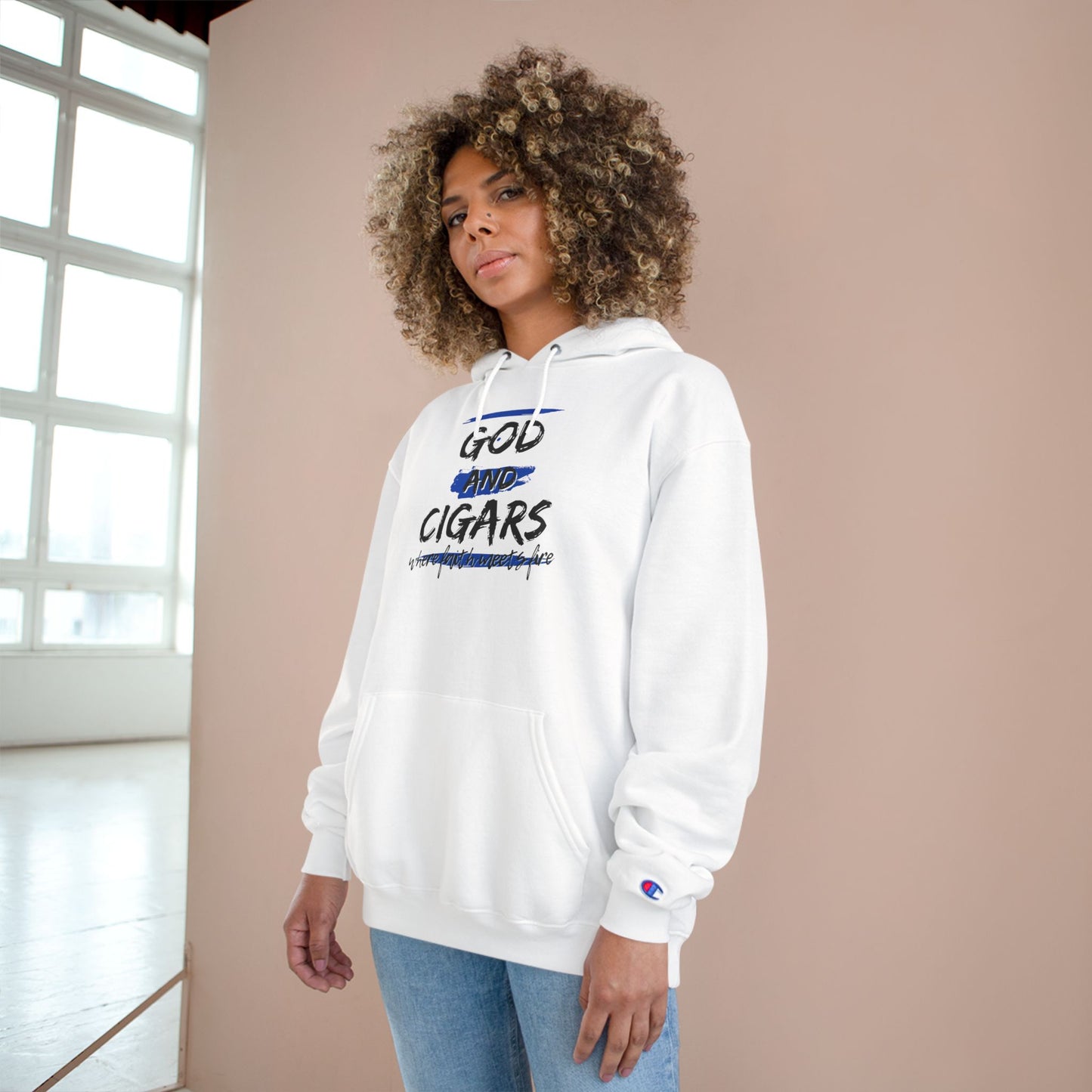 Champion Hoodie - God & Cigars Faith Meets Fire (Blue)