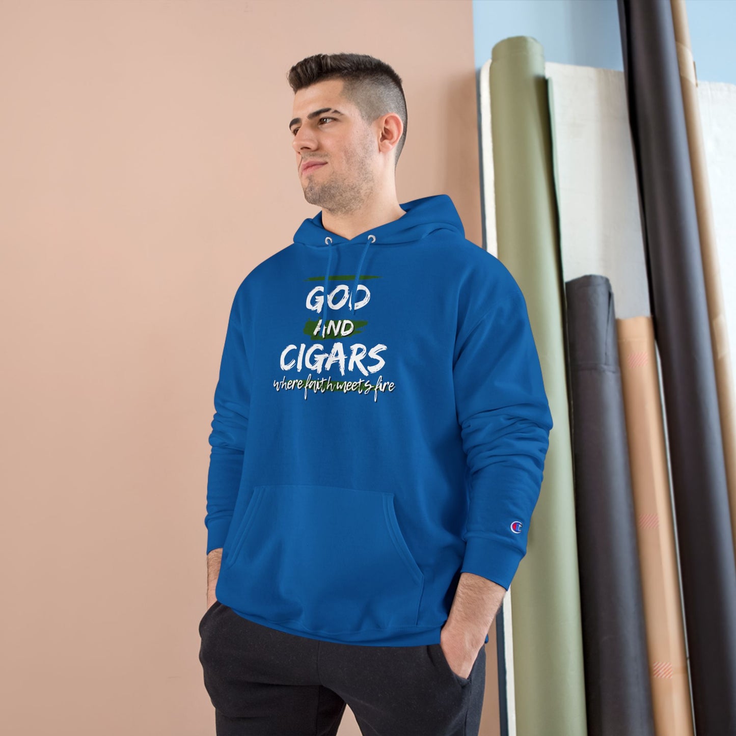 Champion Hoodie - God & Cigars Faith Meets Fire (Green)