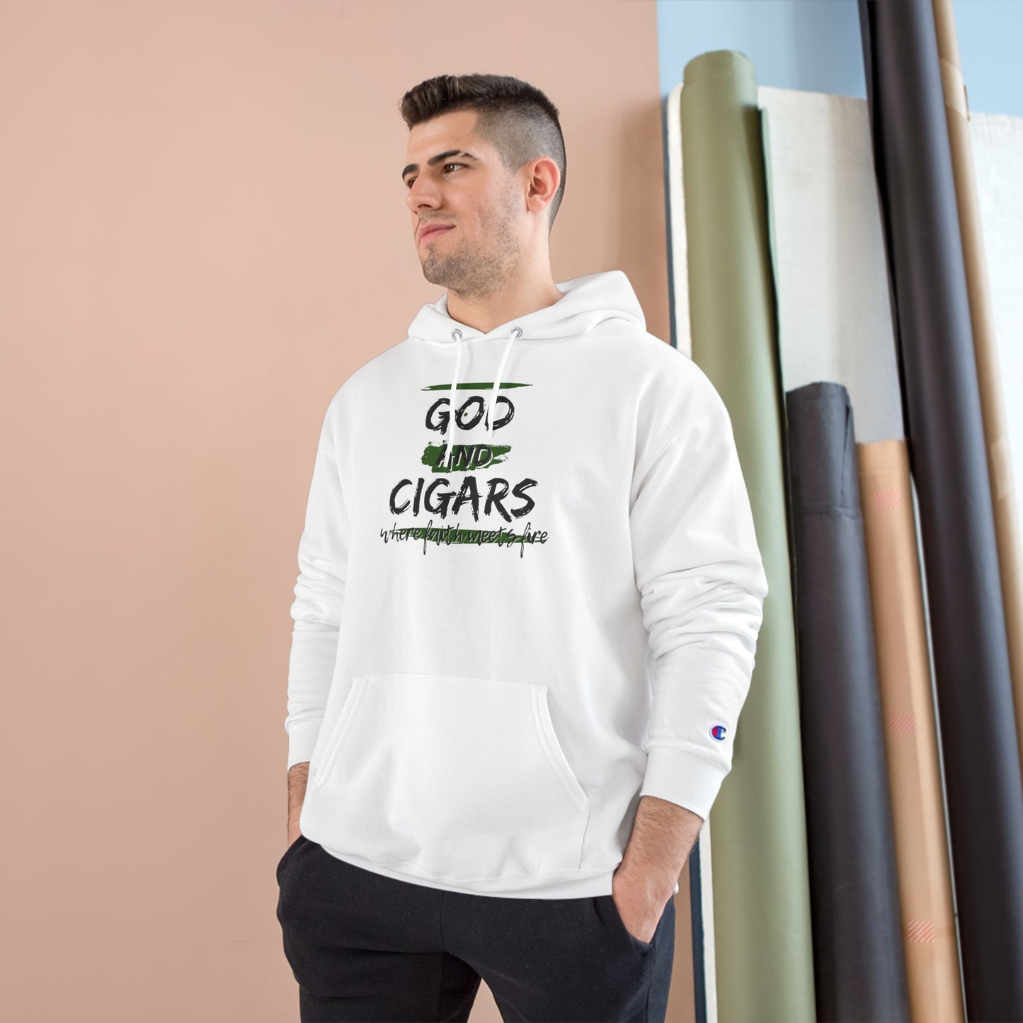 Champion Hoodie - God & Cigars Faith Meets Fire (Green)