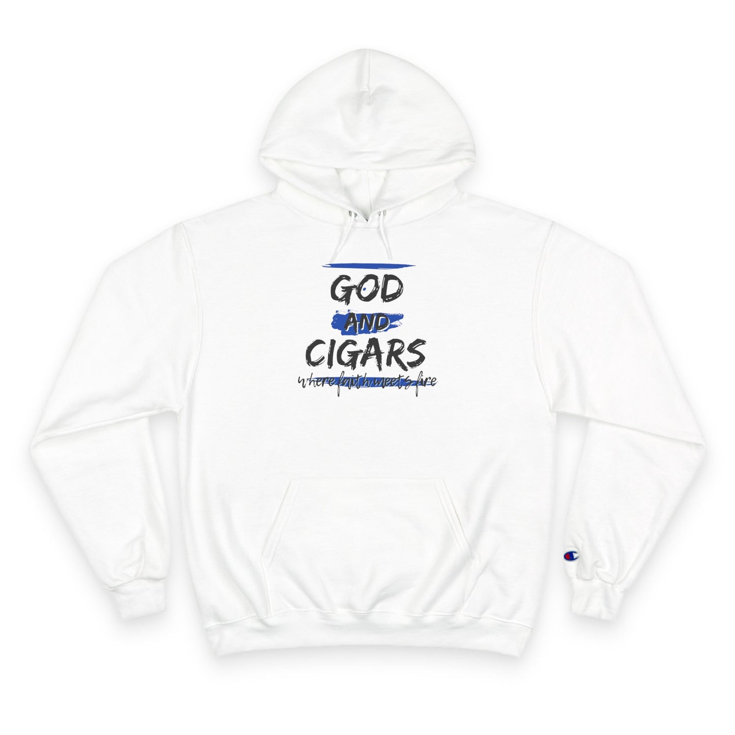 Champion Hoodie - God & Cigars Faith Meets Fire (Blue)