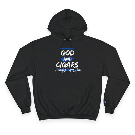 Champion Hoodie - God & Cigars Faith Meets Fire (Blue)