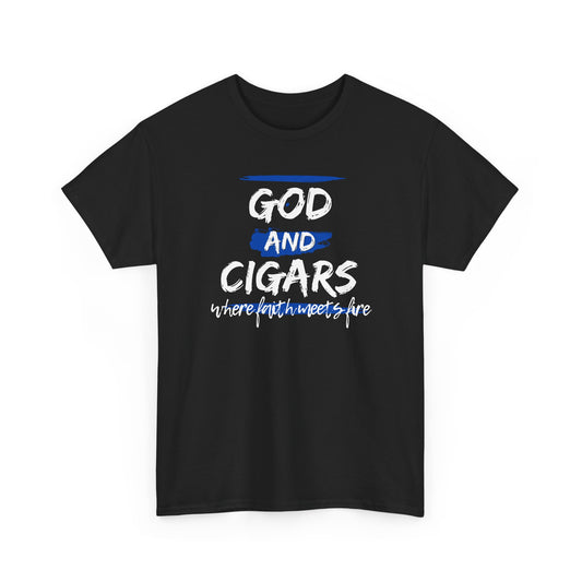 God & Cigars Unisex Tee - Where Faith Meets Fire Shirt (Blue)